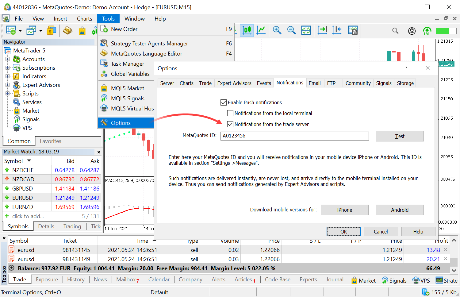 MetaTrader 5 build 2980:  交易操作的推送通知