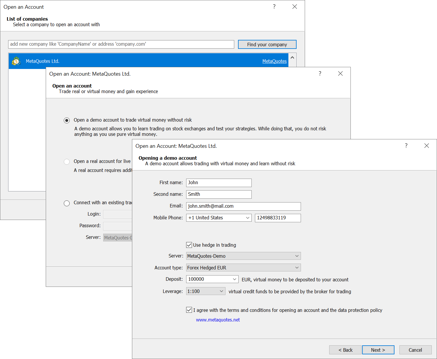 Open a new demo account on the MetaQuotes-Demo server Open a new demo account on the MetaQuotes-Demo server