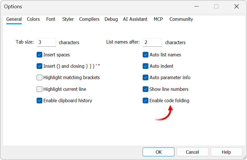 Enable and disable code folding