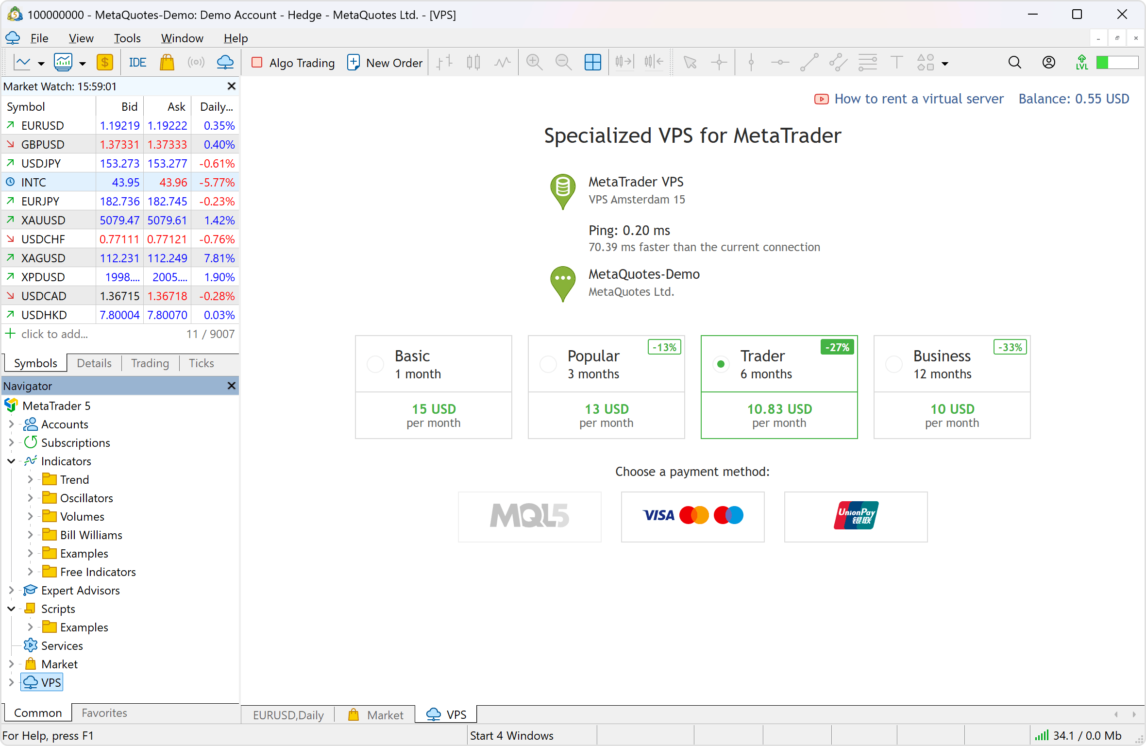 Rent a virtual server straight from the platform for 24/7 operation of your trading robots and signal subscriptions