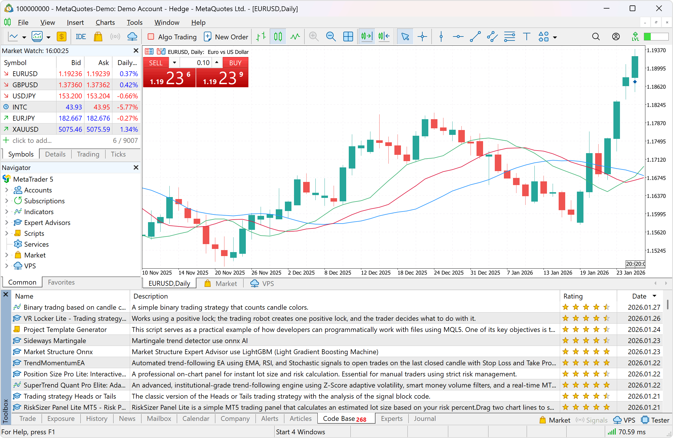 You can download thousands of free trading robots and indicators from the Code Base and use the the applications for trading