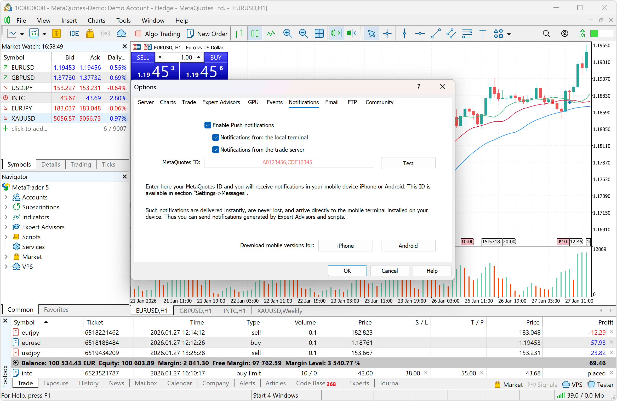 Your MetaTrader 5 is tightly integrated with the mobile platforms for Android and iOS devices. Specify your MetaQuotes ID and receive push notifications from trading robots to your smartphone