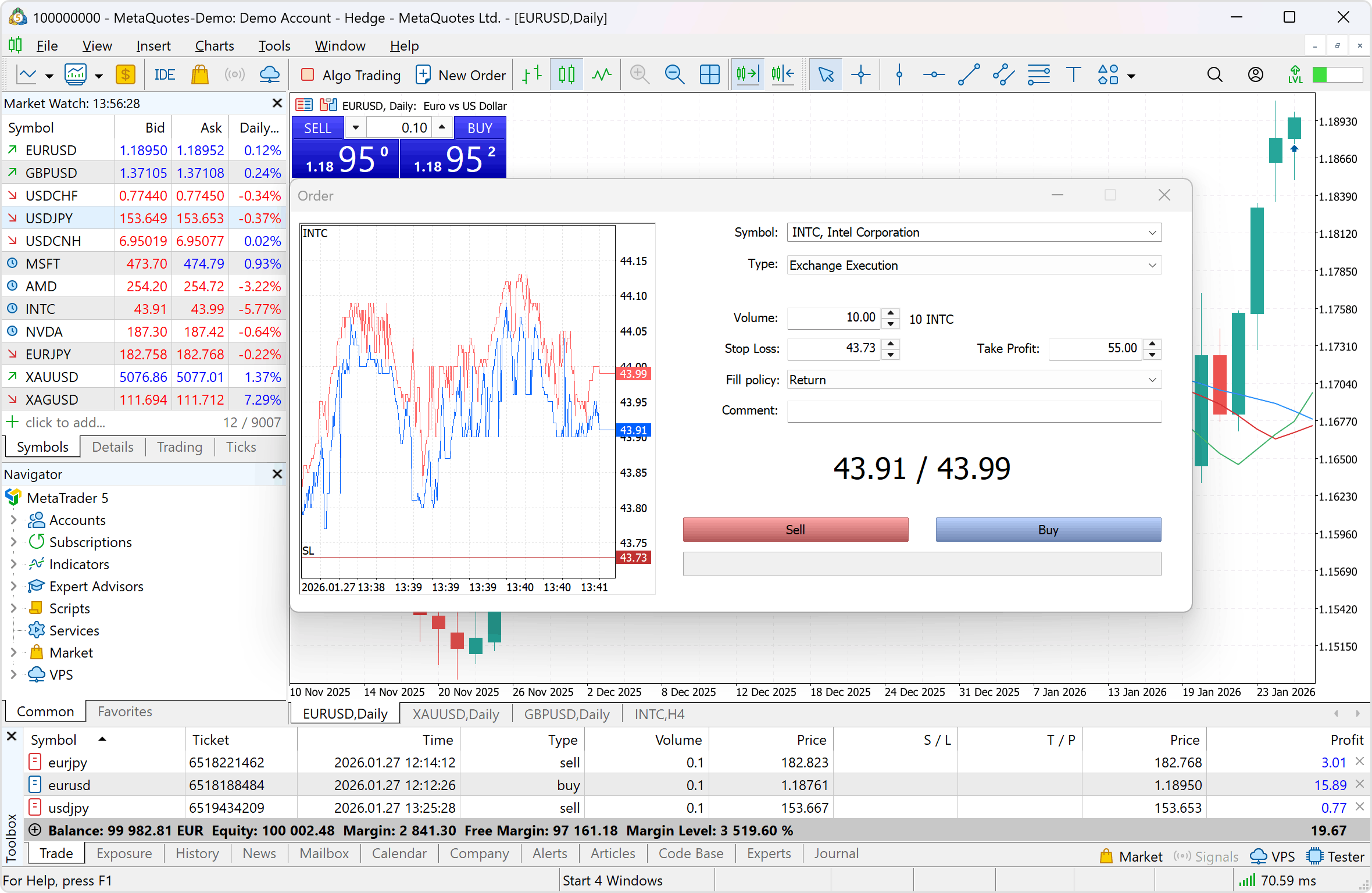 Trading operations can be performed through 2 types of market orders, 6 types of pending orders, 2 stop-orders and Trailing Stop