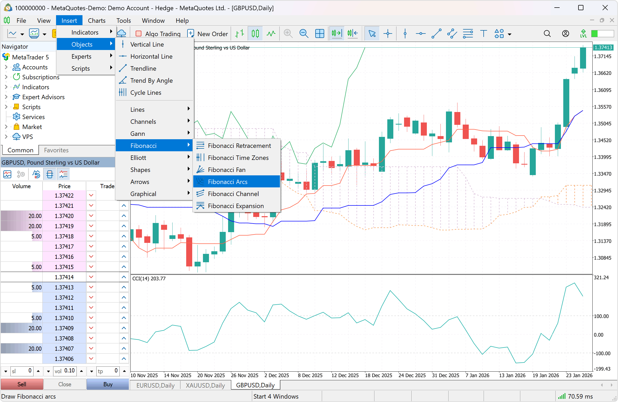 44 built-in analytical objects provide a comprehensive analysis of currency and stock quotes